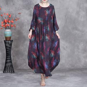 Crew Neck Flowers Printed Silk Purple Dress