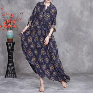 Yellow Flowers Blue Tied Waist Polo Shirt Dresss