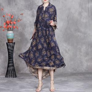 Yellow Flowers Blue Tied Waist Polo Shirt Dresss