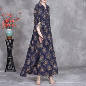 Yellow Flowers Blue Tied Waist Polo Shirt Dresss