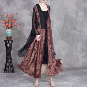 Black Silk Splicing Front Tied Embroidered Cardigan