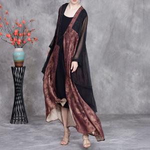 Black Silk Splicing Front Tied Embroidered Cardigan