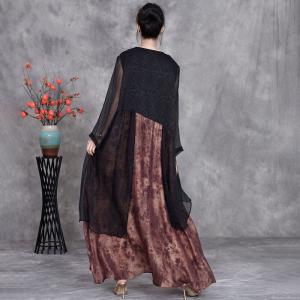 Black Silk Splicing Front Tied Embroidered Cardigan