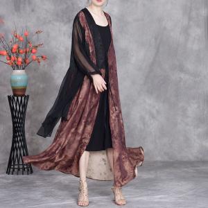Black Silk Splicing Front Tied Embroidered Cardigan