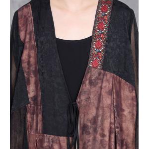 Black Silk Splicing Front Tied Embroidered Cardigan