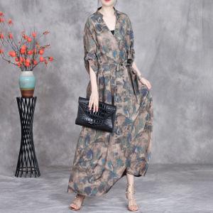 V-Neck Printed Belted Waist Maxi Business Dress