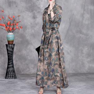 V-Neck Printed Belted Waist Maxi Business Dress
