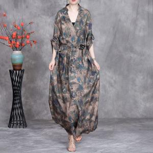 V-Neck Printed Belted Waist Maxi Business Dress