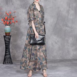 V-Neck Printed Belted Waist Maxi Business Dress