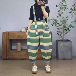 Green Striped Backless Jeans with Suspenders