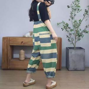 Green Striped Backless Jeans with Suspenders