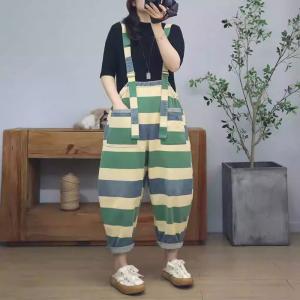 Green Striped Backless Jeans with Suspenders
