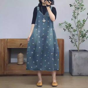 Floral Embroidery Loose Balloon Jean Overall Dress