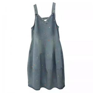 Floral Embroidery Loose Balloon Jean Overall Dress