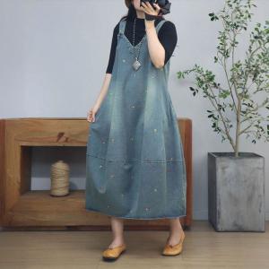 Floral Embroidery Loose Balloon Jean Overall Dress