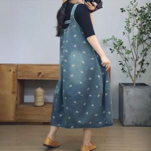 Floral Embroidery Loose Balloon Jean Overall Dress