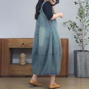 Floral Embroidery Loose Balloon Jean Overall Dress
