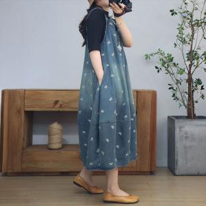 Floral Embroidery Loose Balloon Jean Overall Dress