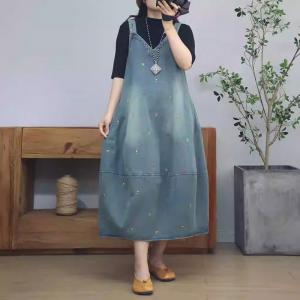 Floral Embroidery Loose Balloon Jean Overall Dress