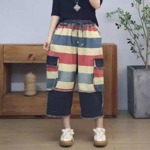 Colorful Striped Flap Pockets Raw Hem Jeans