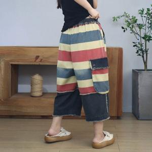 Colorful Striped Flap Pockets Raw Hem Jeans