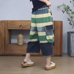 Colorful Striped Flap Pockets Raw Hem Jeans