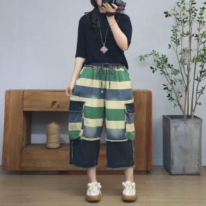 Colorful Striped Flap Pockets Raw Hem Jeans