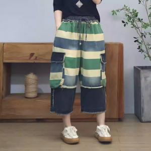 Colorful Striped Flap Pockets Raw Hem Jeans