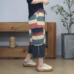 Colorful Striped Flap Pockets Raw Hem Jeans