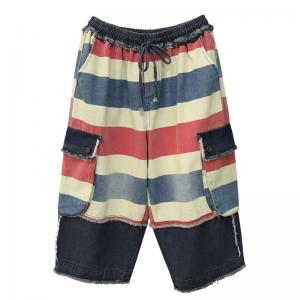 Colorful Striped Flap Pockets Raw Hem Jeans