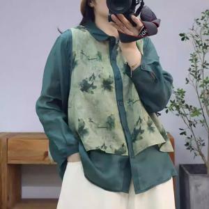 Spring Polo Neck Layers Printed Ramie Blouse