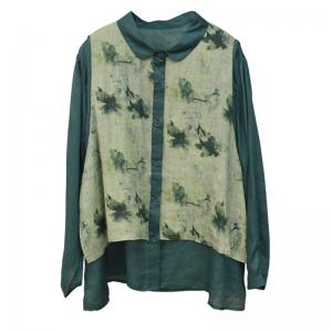 Spring Polo Neck Layers Printed Ramie Blouse