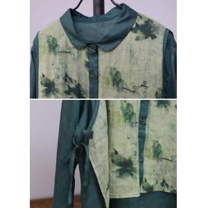 Spring Polo Neck Layers Printed Ramie Blouse