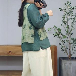 Spring Polo Neck Layers Printed Ramie Blouse