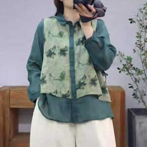 Spring Polo Neck Layers Printed Ramie Blouse
