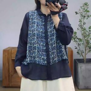Spring Polo Neck Layers Printed Ramie Blouse
