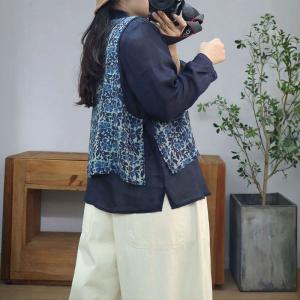 Spring Polo Neck Layers Printed Ramie Blouse