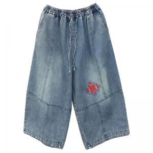 Chinese Characters Embroidery Wide Leg Jeans