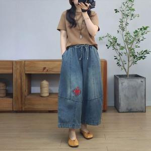 Chinese Characters Embroidery Wide Leg Jeans