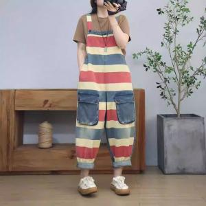 Denim Pocket Chunky Striped Stylish Farm Overalls