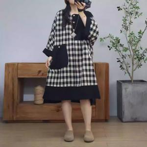 Black Pockets Classic Checkered Cotton Linen Dress