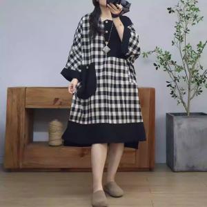 Black Pockets Classic Checkered Cotton Linen Dress