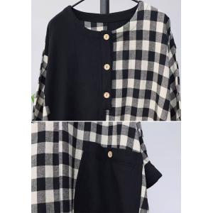 Black Pockets Classic Checkered Cotton Linen Dress
