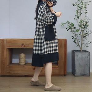 Black Pockets Classic Checkered Cotton Linen Dress