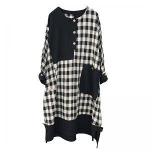 Black Pockets Classic Checkered Cotton Linen Dress