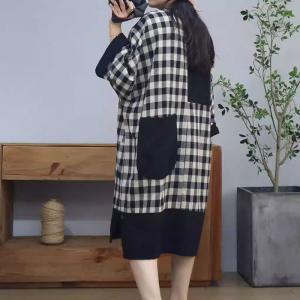 Black Pockets Classic Checkered Cotton Linen Dress