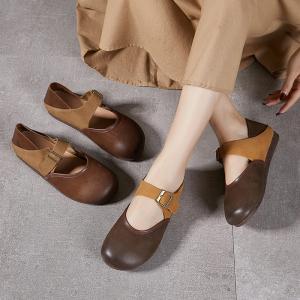 Contrast Colors Leather Buckle Flats