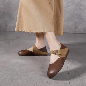 Contrast Colors Leather Buckle Flats
