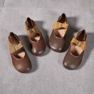 Contrast Colors Leather Buckle Flats
