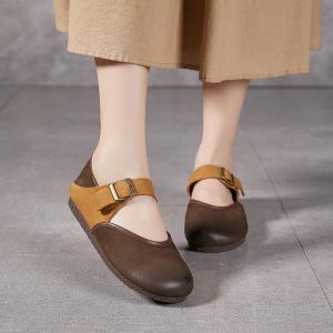Contrast Colors Leather Buckle Flats